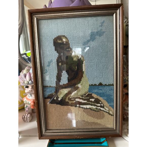 Vintage framed cross-stitch embroidery  of a little mermaid blue brown 16x10.5” - Picture 9 of 9